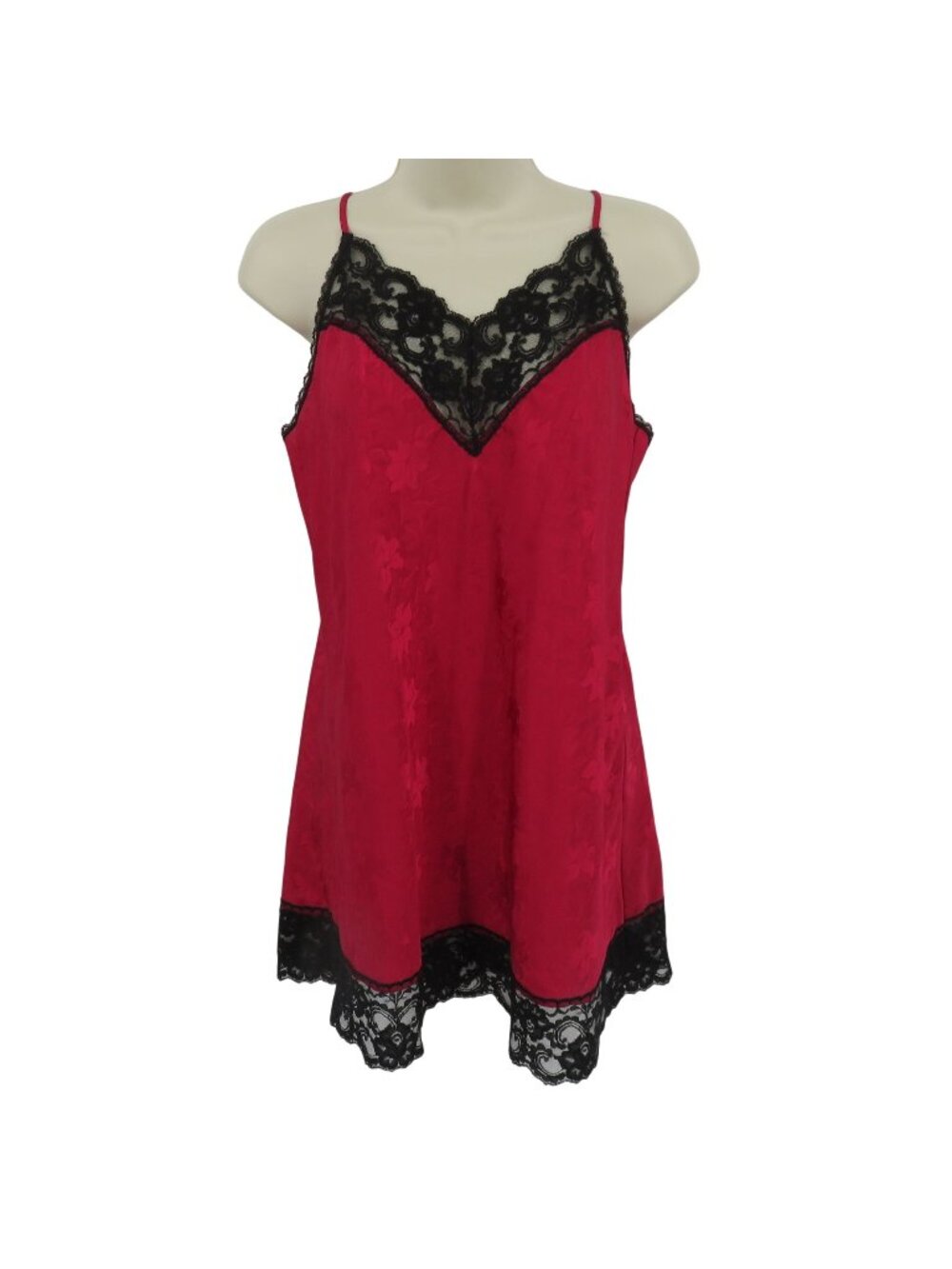 VTG Deena Women Medium 2582P Red Flower Print Black Lace Babydoll Sleep Dress